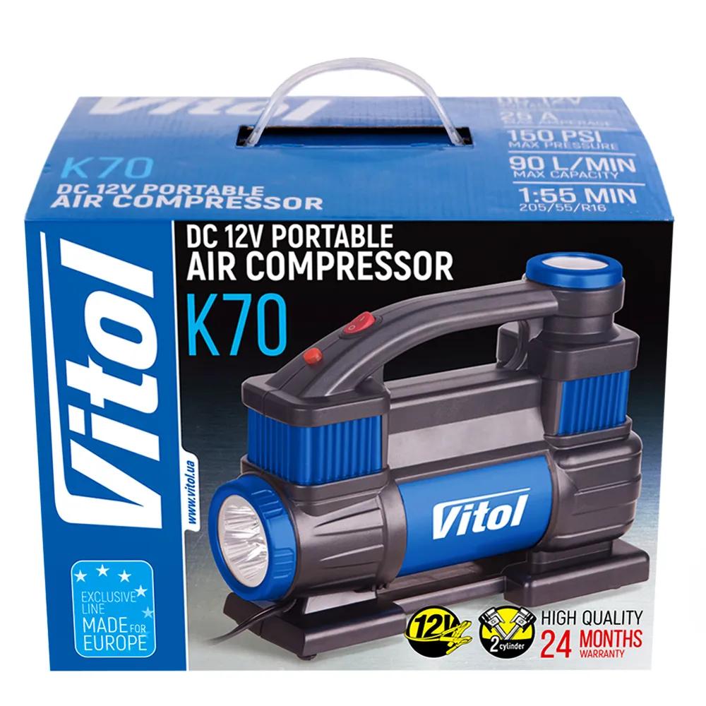 Компресор автомобільний VITOL K-70 12В 25А 150 psi 90 л/хв, 2 поршні, шланги 1,0 + 5,0 м, ліхтар, клеми АКБ, арт. K-70 - 493971