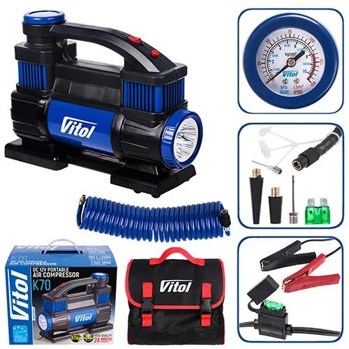 Компресор автомобільний VITOL K-70 12В 25А 150 psi 90 л/хв, 2 поршні, шланги 1,0 + 5,0 м, ліхтар, клеми АКБ, арт. K-70 - 493975