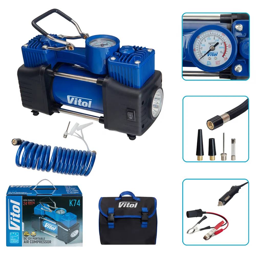 Компресор автомобільний VITOL K-74 12В 15А 150 psi 85 л/хв, 2 циліндри, шланг 3,0 м, прикурювач + перехідник на клеми, арт. K-74 - 493983