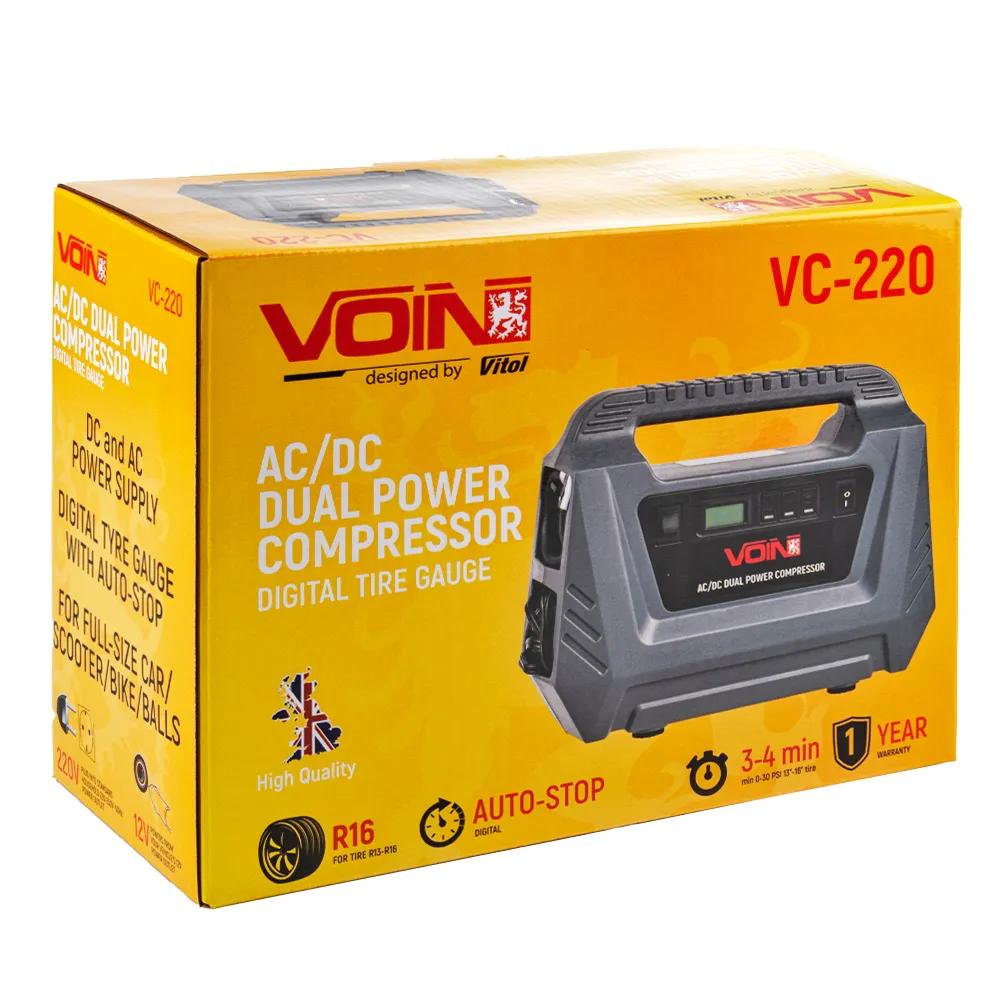 Компресор автомобільний VOIN VC-220 AC 220В / DC 12В, 10А 116 psi 25 л/хв, цифровий манометр, автостоп, арт. VC-220 AC /DC - 494003