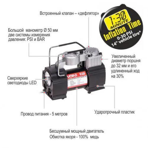 Компресор автомобільний VOIN VL-550 12В 15А 150 psi 40 л/хв, дефлятор, ліхтар, прикурювач + перехідник на клеми, арт. VL-550 - 494039