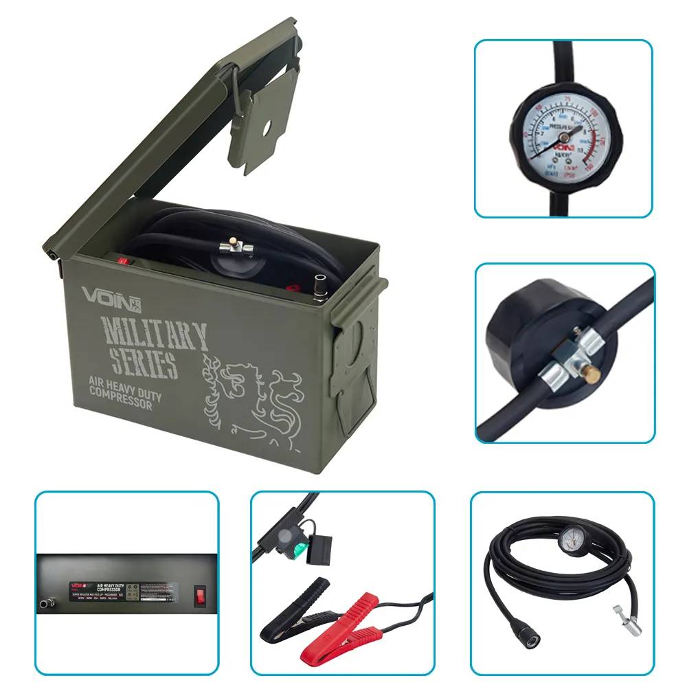 Компресор автомобільний VOIN VM-070 MILITARY SERIES 12В 25А 150 psi 90 л/хв, 2 поршні, манометр з дефлятором, клеми АКБ, арт. VM-070 - 494073