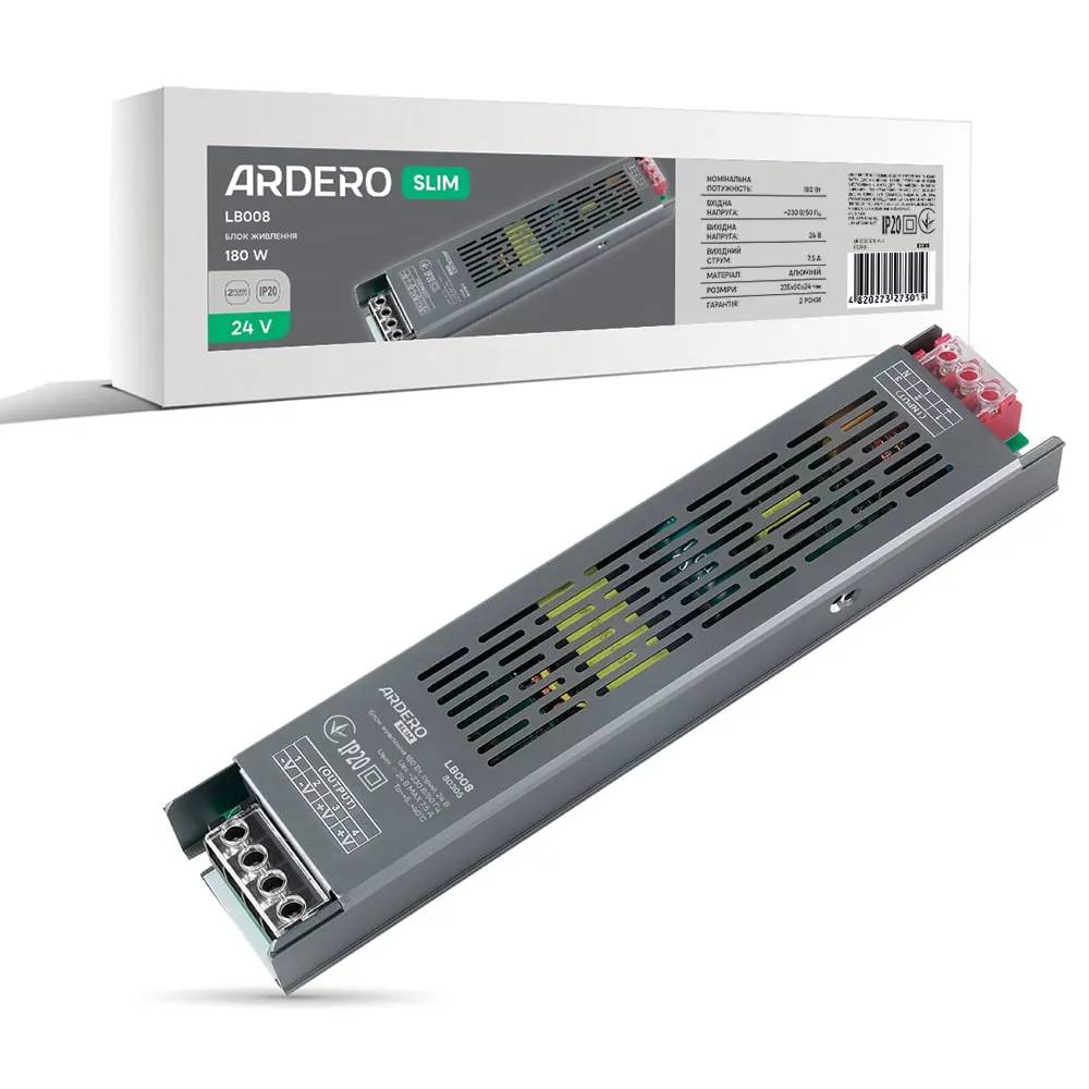 Блок живлення для LED стрічки Ardero LB008 24В 180Вт IP20 (80305) - 494399