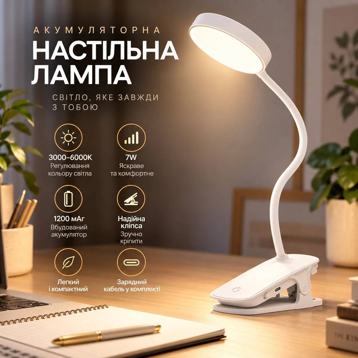 Світильник-прищіпка LED VALESO акумуляторний, білий QG003 - 494446