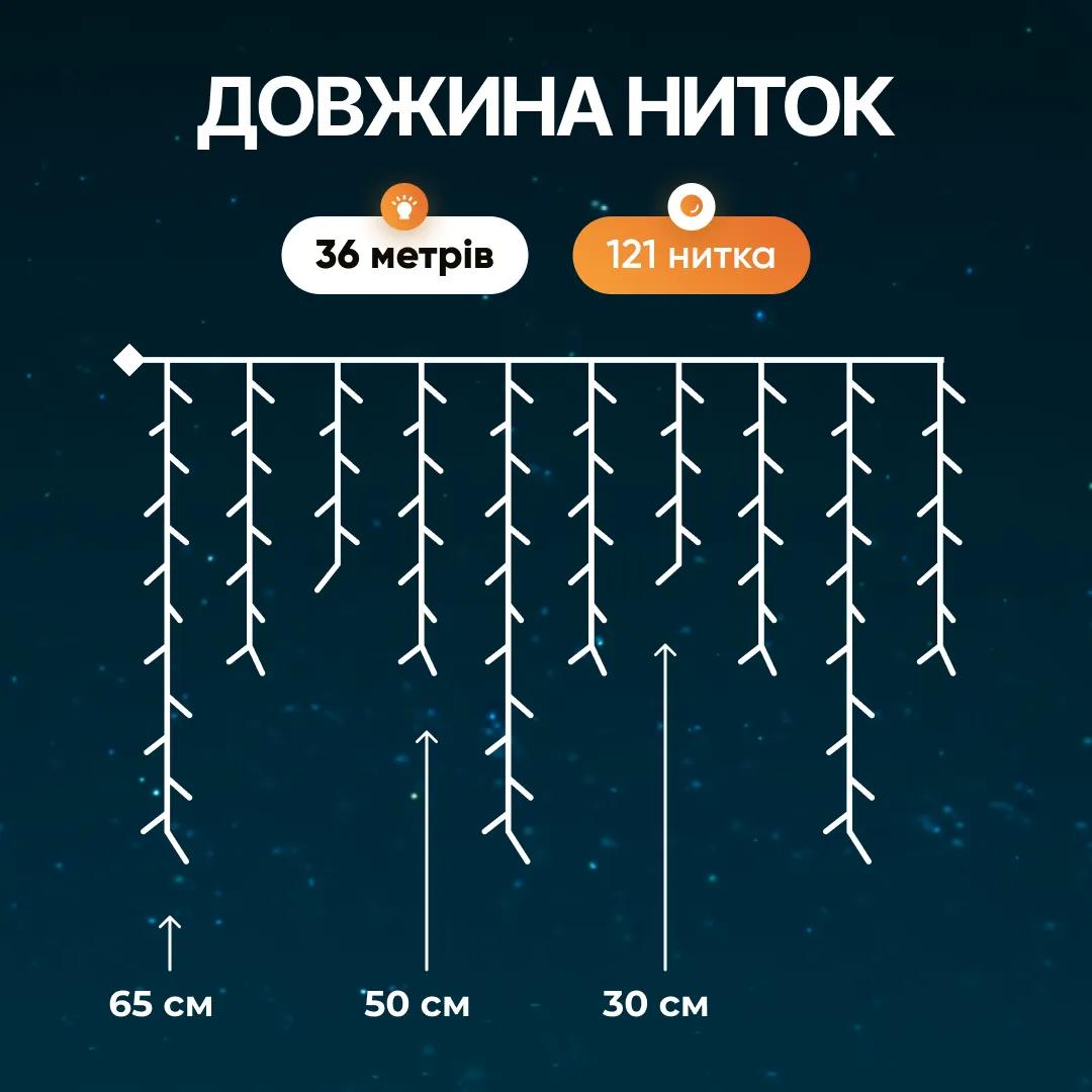Гирлянда Бахрома уличная 600 LED 36 м от сети черная нить, желтый - 564806