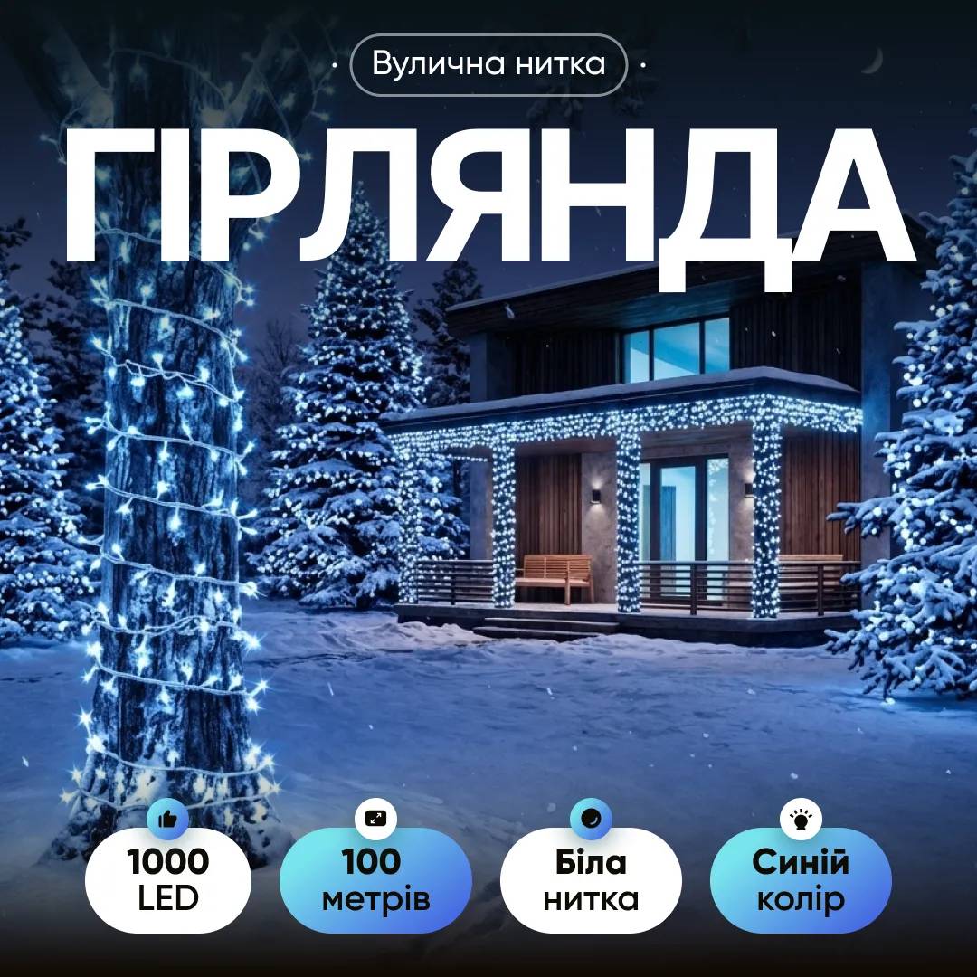 Гірлянда Нитка вулична 1000 LED 100 м біла, синій - 564904