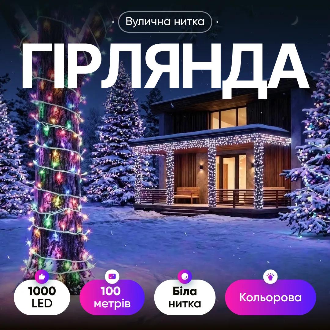 Гірлянда Нитка вулична 1000 LED 100 м біла, мультиколор - 564909