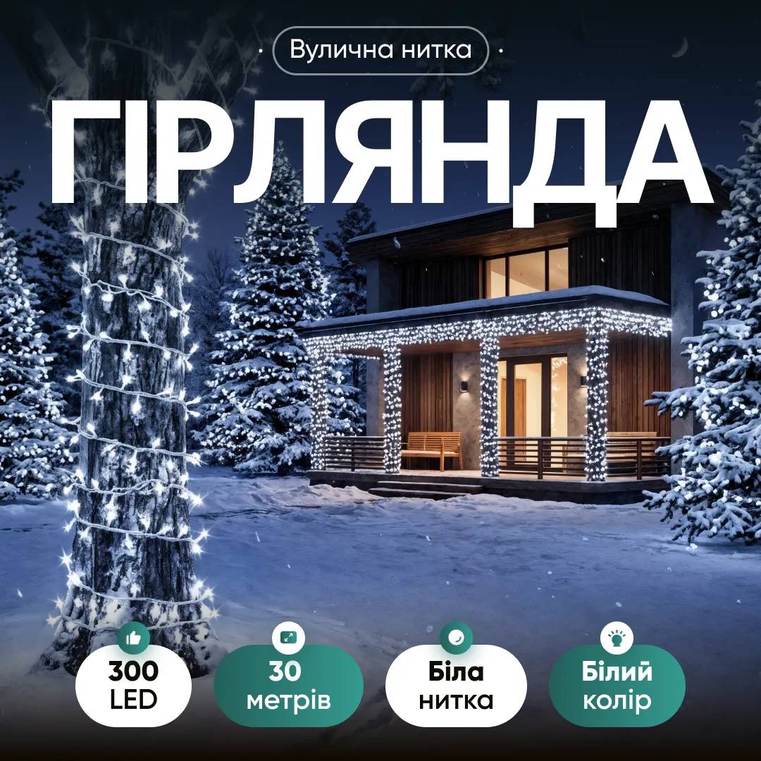 Гірлянда Нитка вулична 300 LED 30 м від мережі біла нитка, білий - 564954